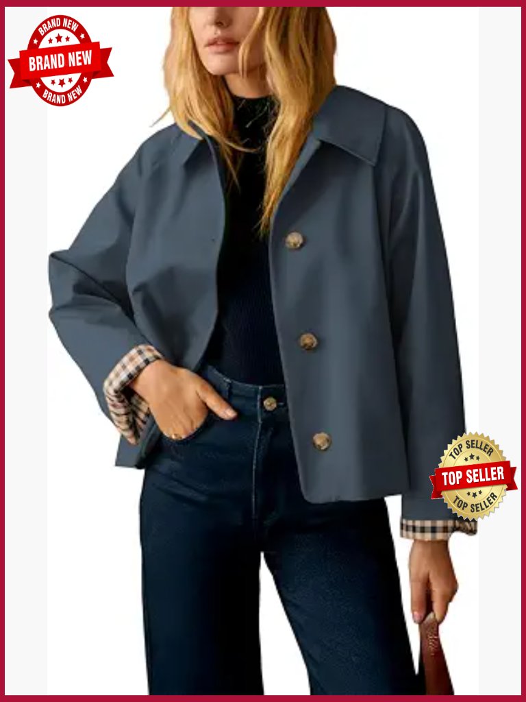 Lightweight Cropped Trench Jacket Plaid Lining Button Front Casual